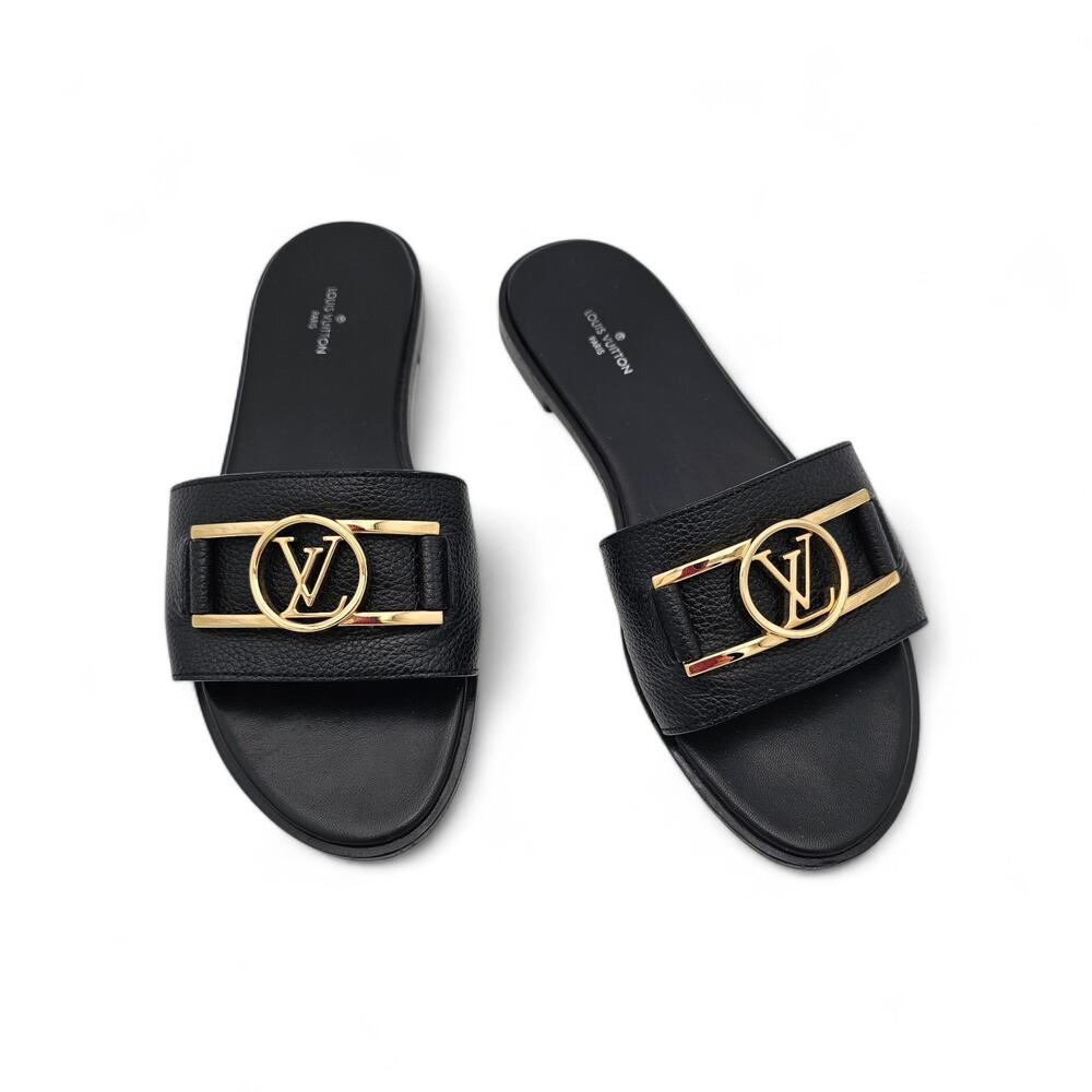 Louis Vuitton Lock It Flat Slide Sandal Black Leather Gold LV Logo Size 38 US 8